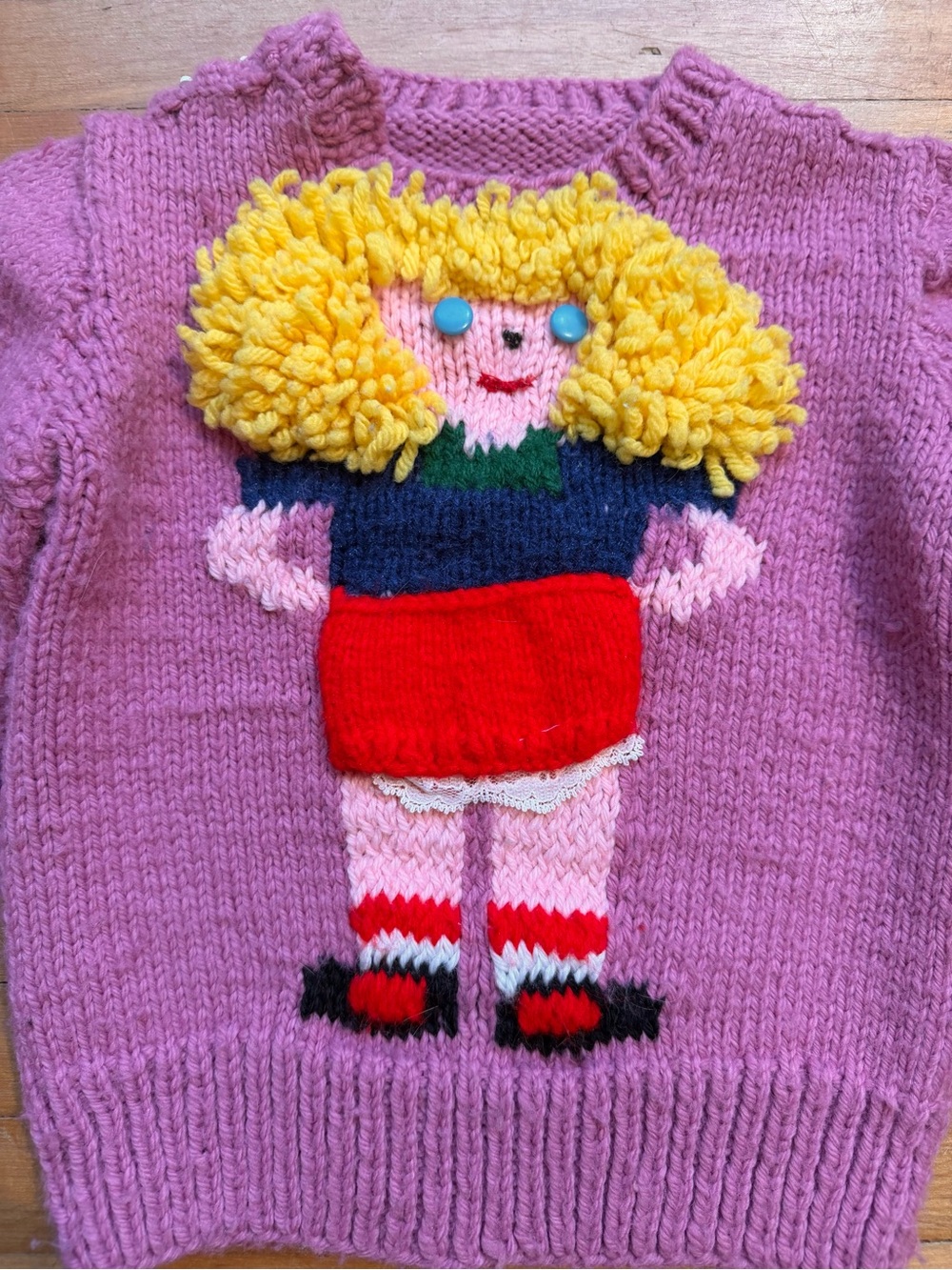 Vintage KIDS DOLL SWEATER Novelty Girls 1970s 1980s Hand Knit Dolly 6 7 Children